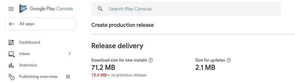 Screenshot of Google Play Console showing expected app size and update size