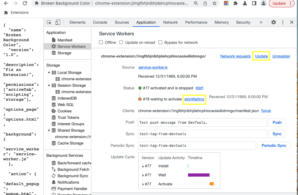 Estado del service worker en el panel Application