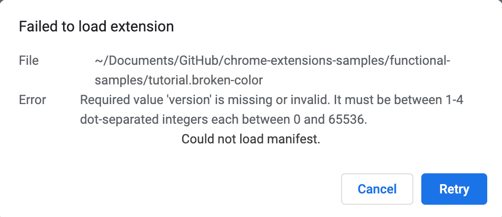 Rozszerzenie z nieprawidłowym kluczem manifestu aktywuje okno błędu podczas próby wczytania.