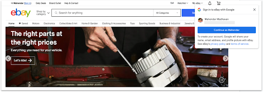 Captura de pantalla de la p�gina web de eBay con One Tap de Google�Identity Service.