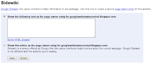 The Sidewiki page owner feature in Webmaster Tools labs