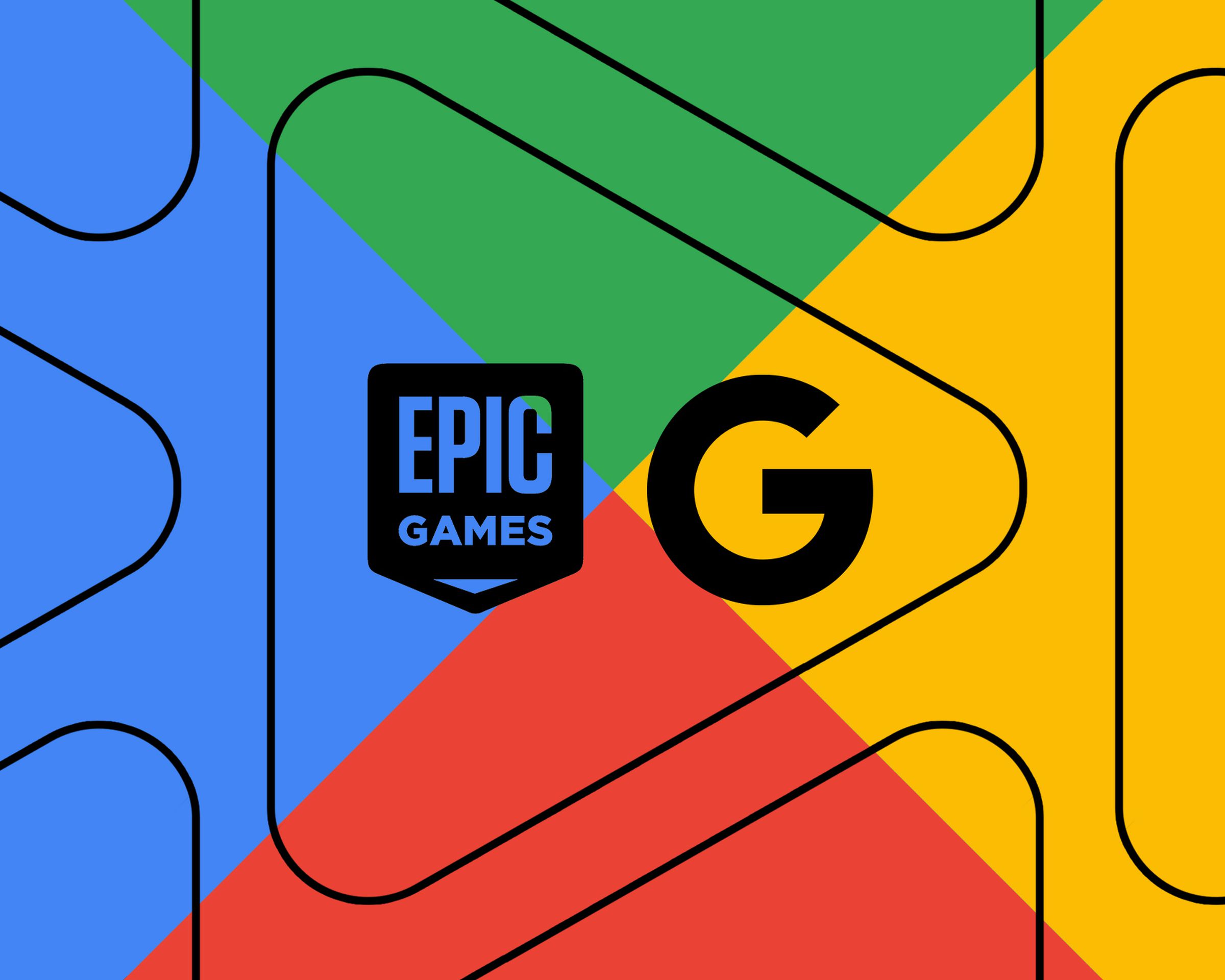 Illustration of the Epic Games logo and Google logo inside of a Google Play logo.