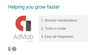 Helping you grow faster
1. Smarter monetization
2. Tools to scale
3. Easy ad integration
 