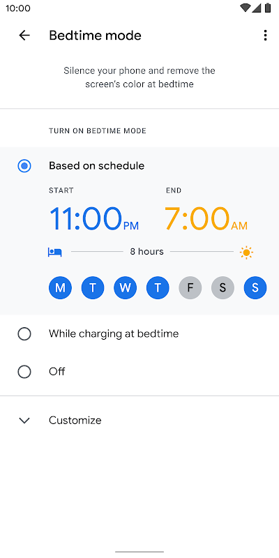 A Google phone screen that shows Bedtime set to turn on from 11:00pm to 7:00am.