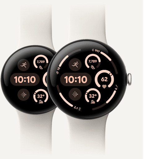 An angled side by side view of the Pixel Watch 3 in the 41mm and 45mm sizes, both with the Active Band in the color Porcelain.