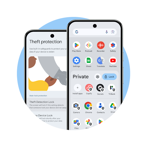 Two Pixel phones side by side poking out of a blue circle - one with theft protection and one with private space