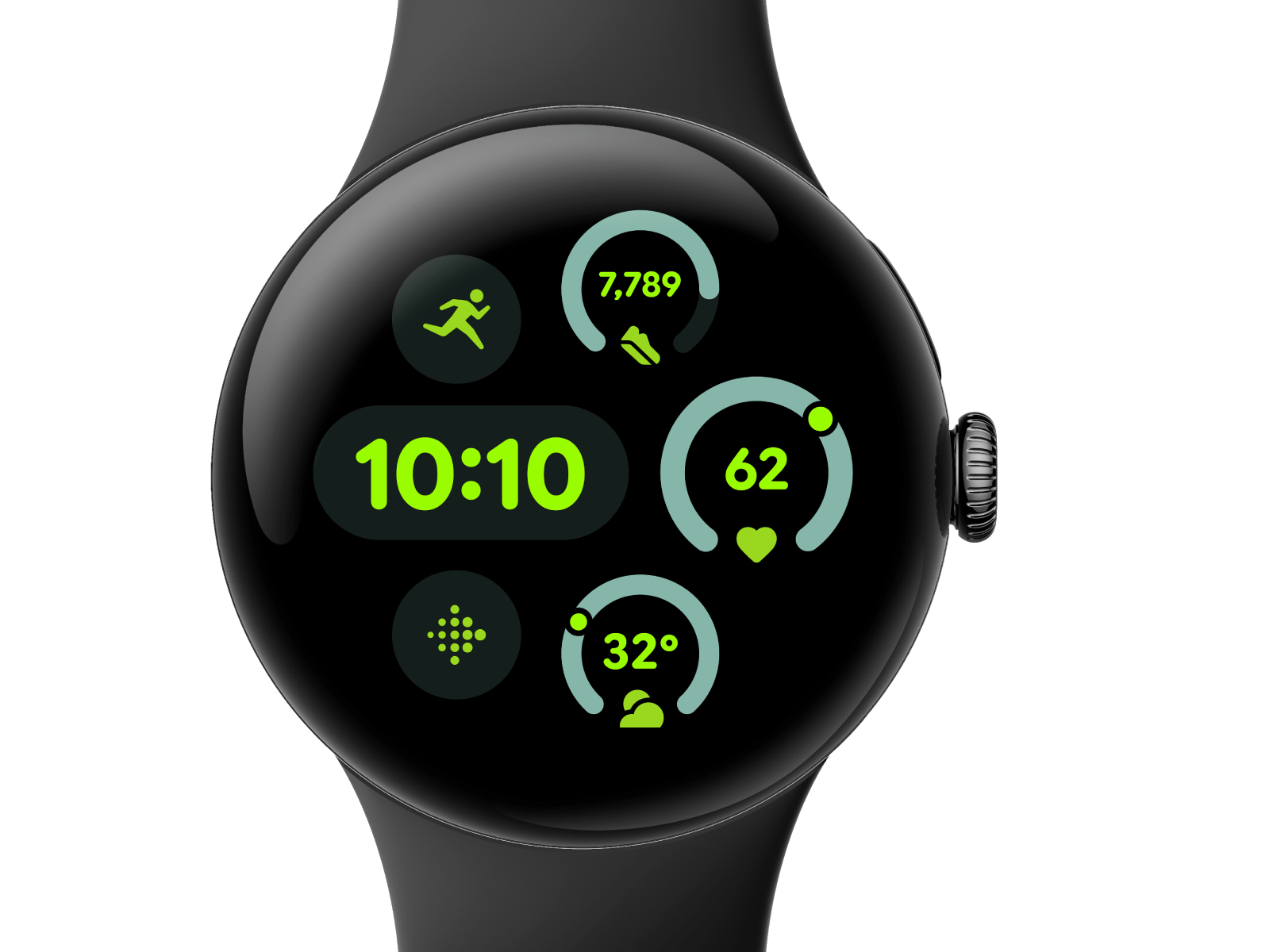 Front view of the Pixel Watch 3 41mm with Matte Black Aluminum Case / Obsidian Active Band