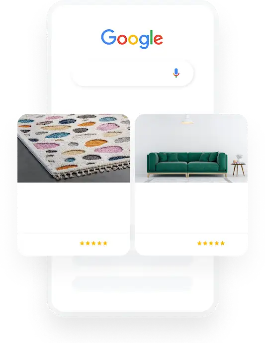 Telefoni illustratsioon näitab Google’i otsingupäringut „Kodukujundus“, mille tulemuseks on kaks asjakohast Shopping-reklaami.