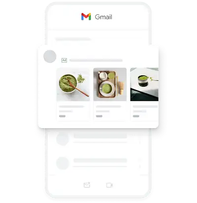 Een voorbeeld van een mobiele advertentie voor het genereren van vraag in de Gmail-app, met daarin verschillende afbeeldingen van biologische matcha.