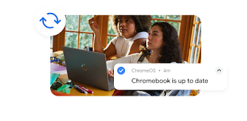 A woman and a girl smiling using a Chromebook with a backup logo and a “Chromebook is up to date” notification popping out