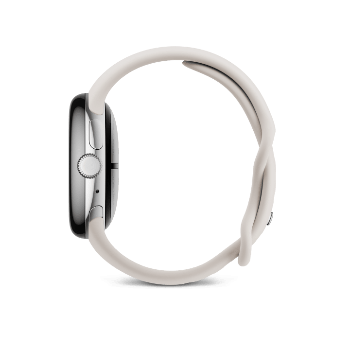 Side view of the Pixel Watch 3 41mm with Polished Silver Aluminum Case / Porcelain Active Band