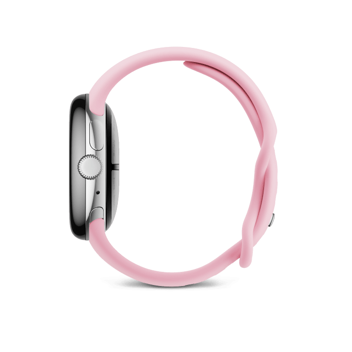 Side view of the Pixel Watch 3 41mm with Polished Silver Aluminum Case / Rose Quartz Active Band