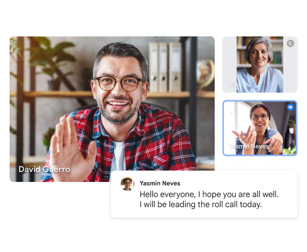 Videochamada do Google Meet mostrando tr�s usu�rios com uma transcri��o instant�nea da fala da participante: "Oi, pessoal. Espero que voc�s estejam bem. Eu vou liderar nossa reuni�o hoje." 
