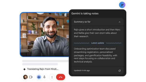 Під час відеодзвінка Gemini у Meet перекладає з гінді на англійську й робить нотатки.