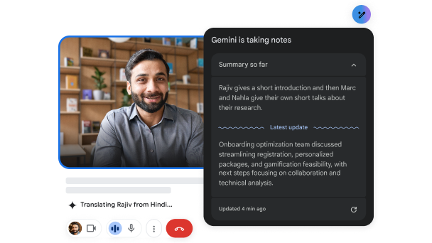 During a video call, Gemini in Meet translates from Hindi to English and takes notes.