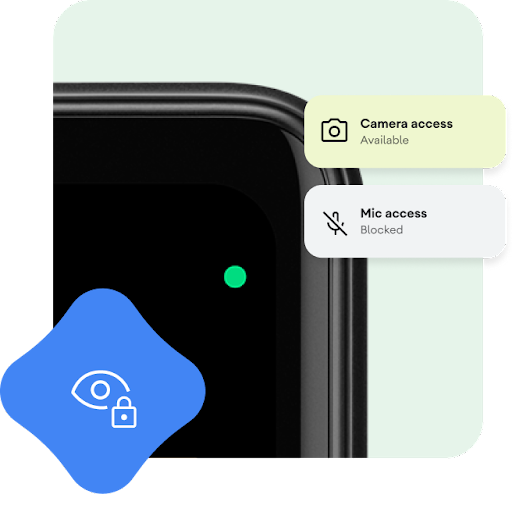 Zbliżenie na prawą górną część telefonu z Androidem z zieloną kropką blisko rogu ekranu. Nakładki graficzne zawierają informacje, że dostęp do aparatu jest możliwy, a dostęp do mikrofonu – zablokowany. Widoczna jest też ikona oka z symbolem kłódki.