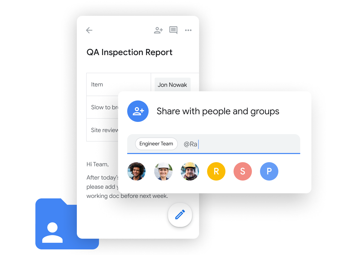 Workspace 插圖 - 團隊成員流暢地透過 Google Chat 共用及編輯 Google 試算表