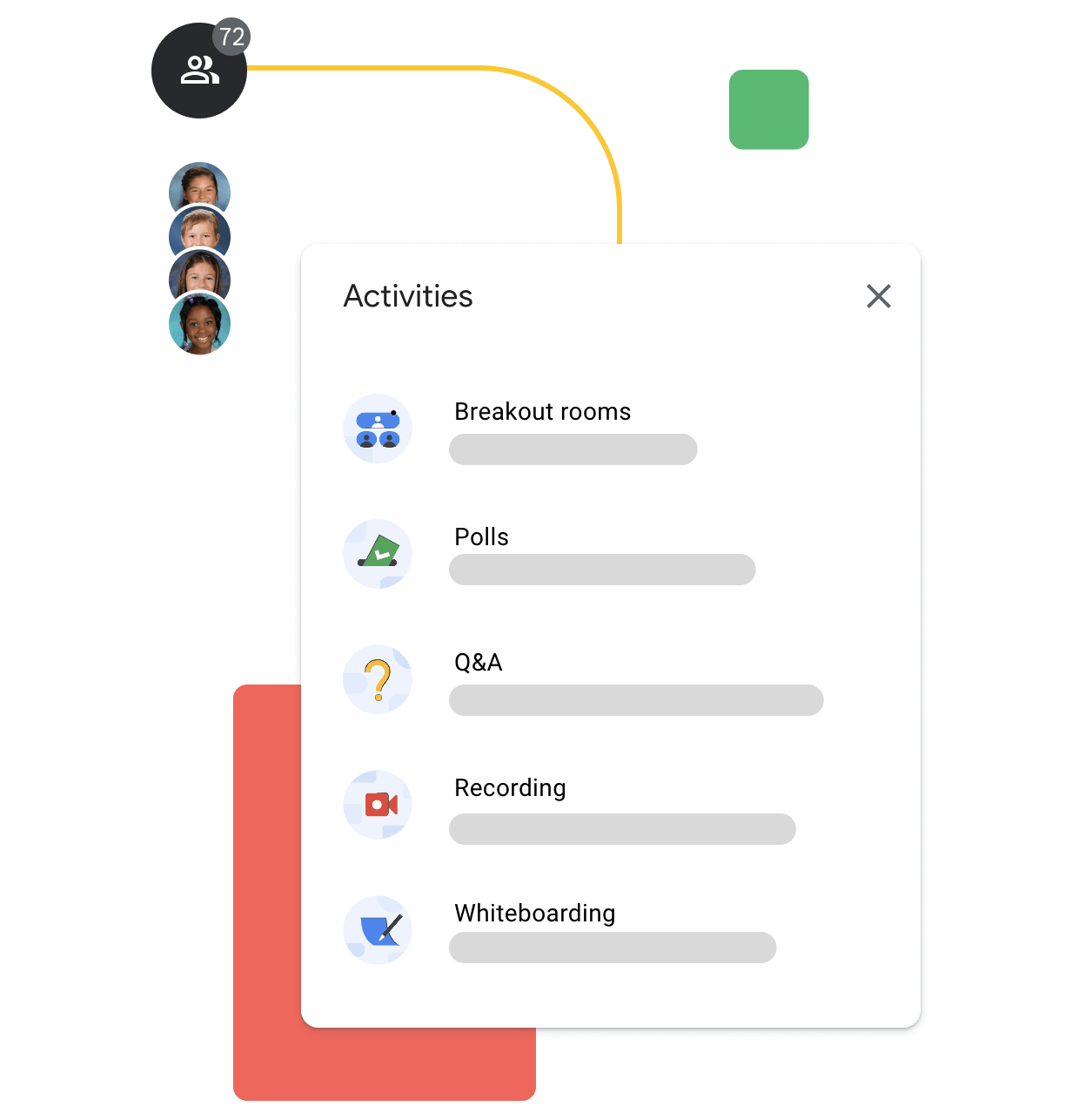 A Google Meet browser window links to three separate rectangles coloured yellow, red and green. Each rectangle features four cartoon people in circles and a fifth circle to the right with an addition sign and number to represent additional people on the Google Meet call.