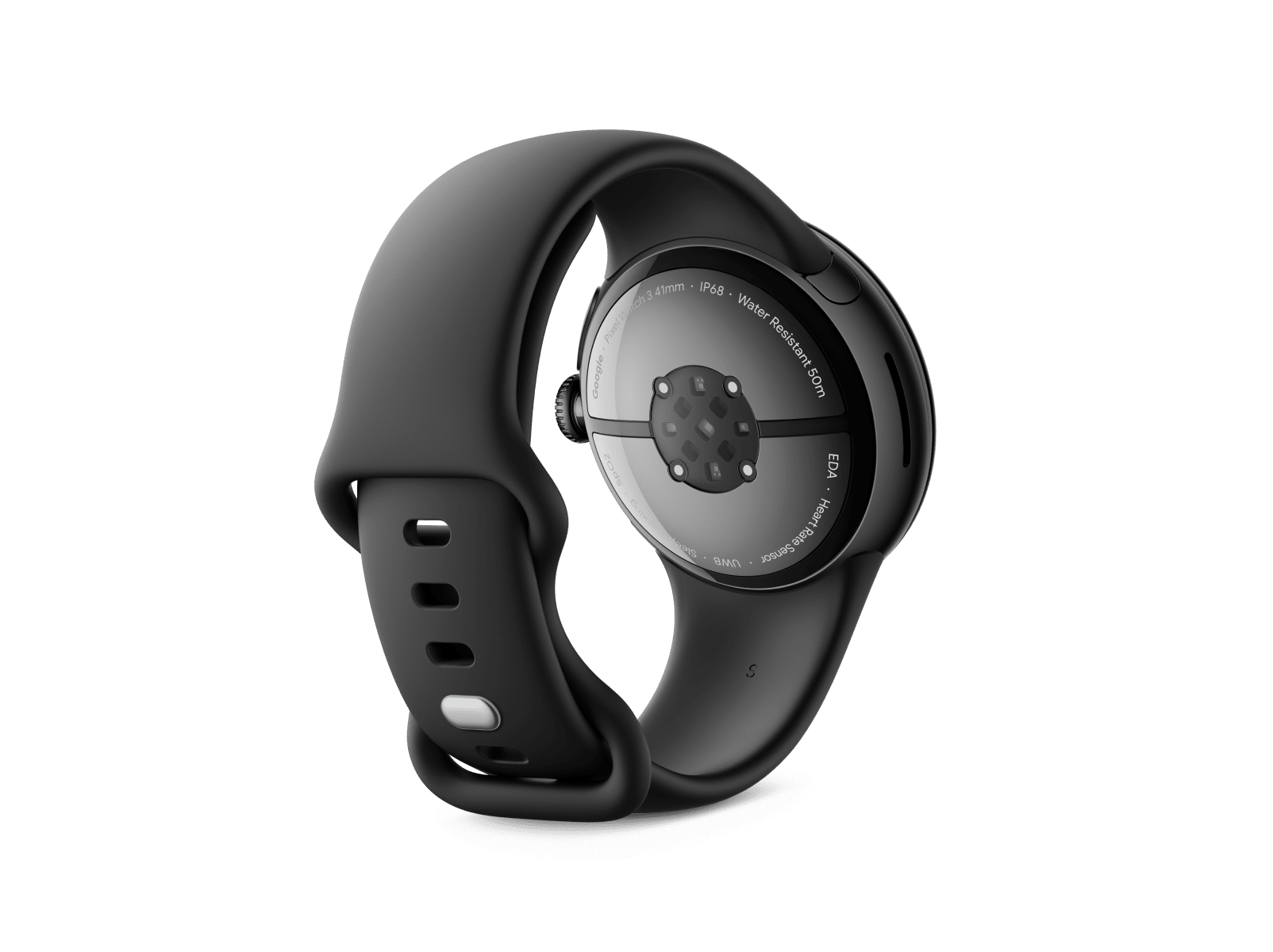 Back view of the Pixel Watch 3 41mm with Matte Black Aluminum Case / Obsidian Active Band