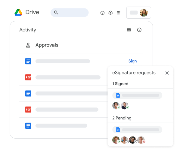 Interfaz de Google Drive con una ventana donde se est�n solicitando firmas electr�nicas en un archivo