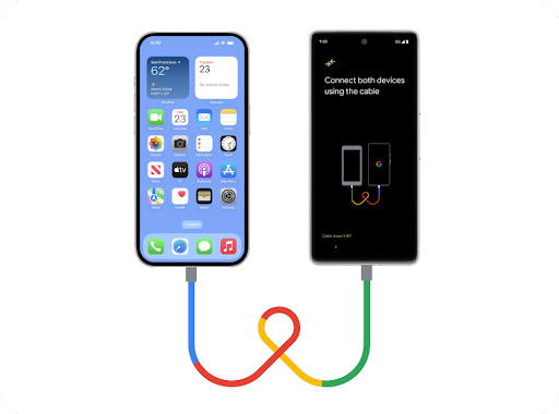 Um iPhone e um smartphone Android novo lado a lado, conectados por um cabo USB Lightning. Dados s�o transferidos facilmente do iPhone para o novo smartphone Android.