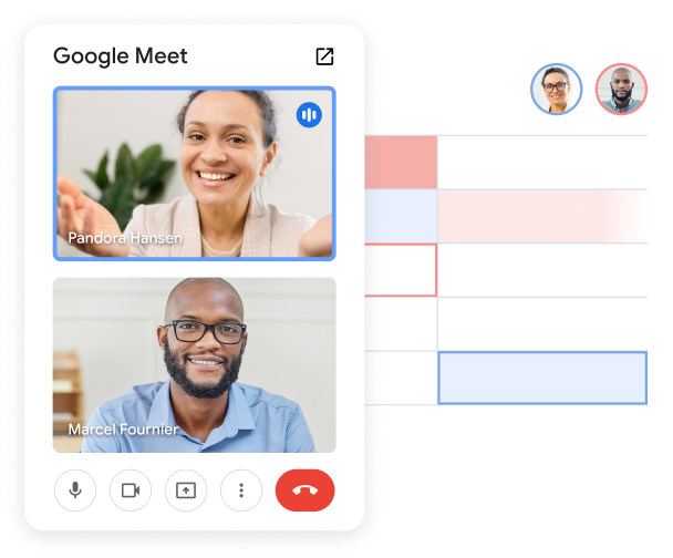 Deux membres d'�quipe en appel Meet dans Feuilles de calcul