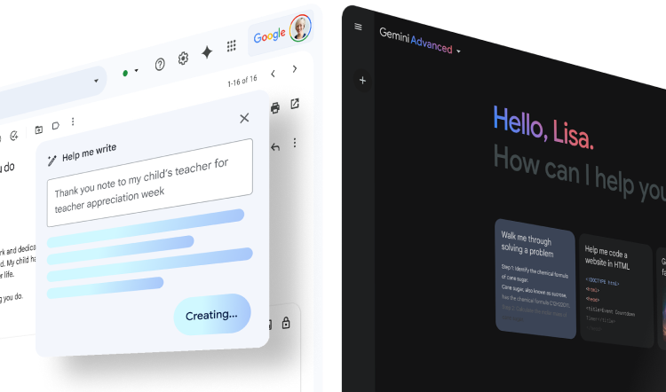 Two desktop computer screens: The left shows Gemini working in Gmail to help someone write a thank-you note. The right shows the Gemini Advanced homepage.