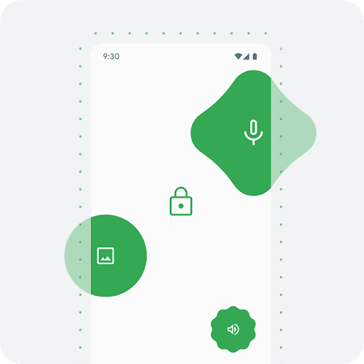 Ein Umriss eines Android-Smartphones mit animierten Symbolen für Schloss, Mikrofon, Bild und Lautstärke.