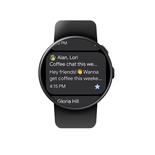 Iemand browst op een Wear�OS-smartwatch door een Gmail-inbox, leest een e-mail en markeert die als favoriet.