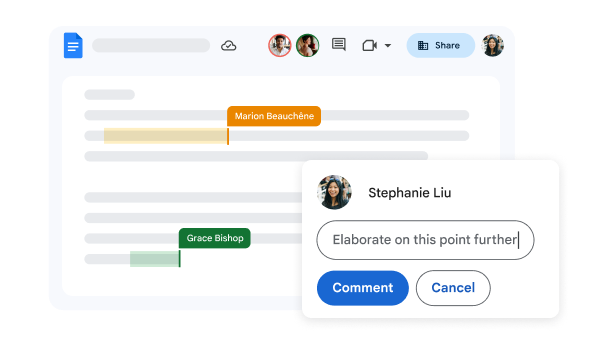 Interface utilisateur de Google�Docs avec plusieurs auteurs et commentaires 