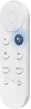 A white Google�TV remote. The Google Assistant button is highlighted.