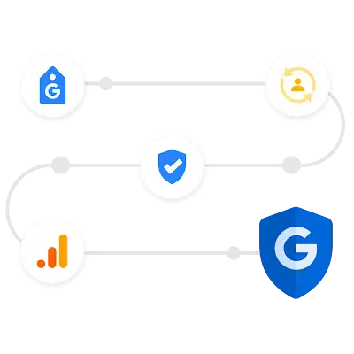 A curved line connects tagging, conversion, consent, and Google Analytics icons to the blue Google Safety Center shield.