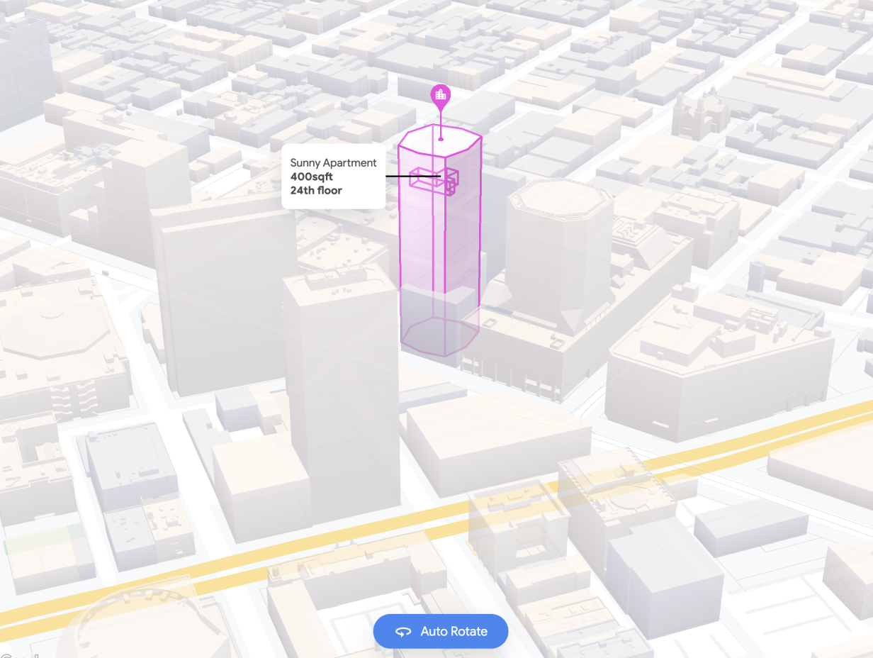 A city map with a tall building highlighted