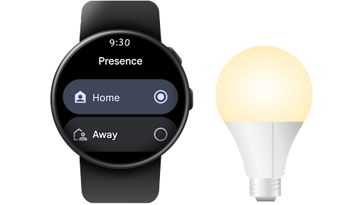 Utilisation de Google�Home sur une montre connect�e Android pour changer le statut de pr�sence � la maison de Chez moi � Absent.