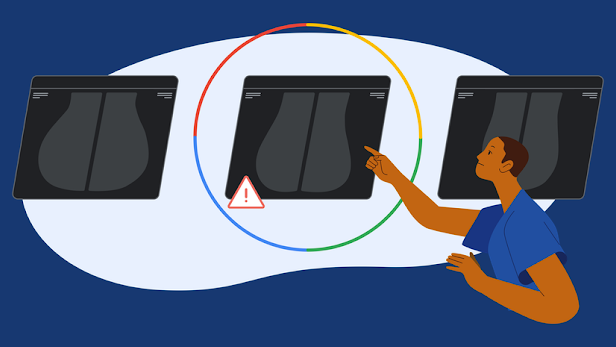 An illustration of a doctor pointing to mamogram results, one of which is circled with a caution symbol.