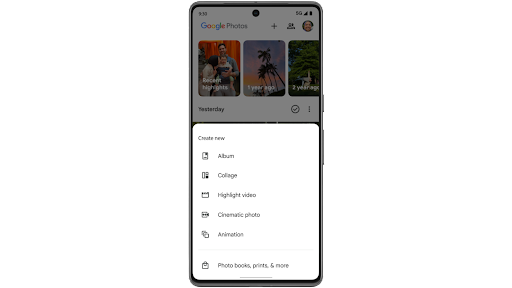 Se crea un v�deo de momentos con clips e im�genes buscando palabras clave en Google Fotos, y se genera una vista previa en un tel�fono Android.