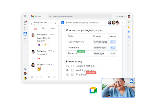 Funcție de chat din Gmail cu opțiune colaborare în documente și chat video pe un singur ecran