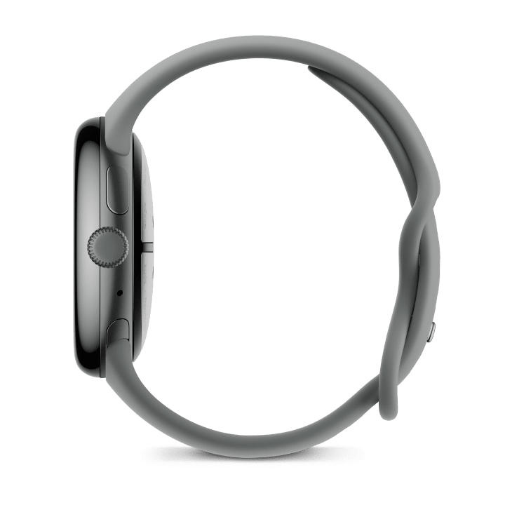 Side view of the Pixel Watch 3 45mm with Matte Hazel Aluminum Case / Hazel Active Band