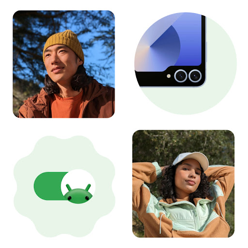 A collage of 4 images. The top left image is of a person outside enjoying a hike. The image on the top right is a close-up of a phone camera with two lenses. The bottom left is a close-up of a green toggle icon with the Android mascot peaking out. The bottom right image is of a person laying in the grass with their hands behind their head.