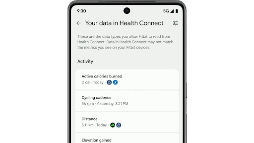 Visualizaci�n de estad�sticas de salud de diversos wearables y apps en la pesta�a Hoy de la app de Fitbit para dispositivos m�viles en un tel�fono Android.