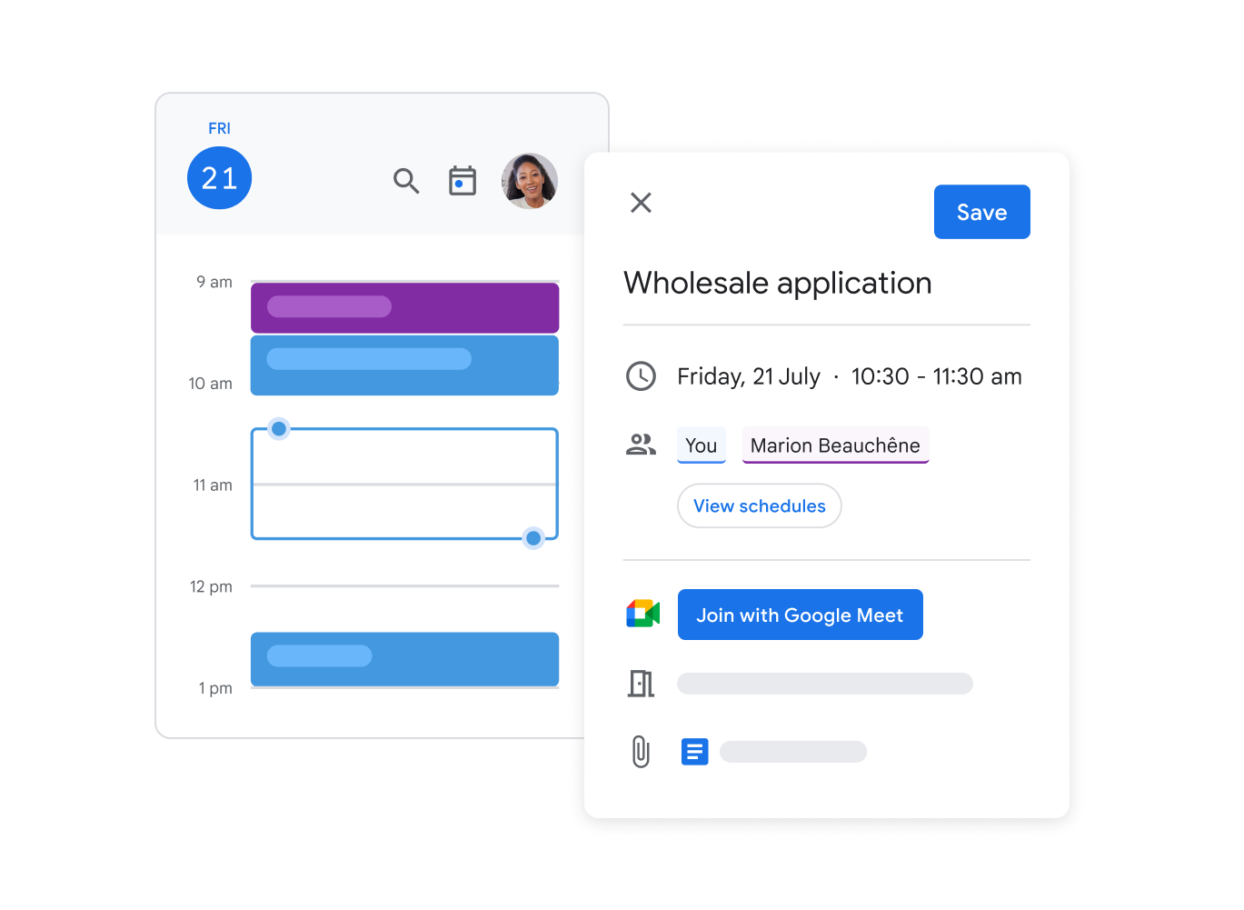 Captura de tela da interface do Google Agenda mostrando um usu�rio configurando uma reuni�o, convidando usu�rios e gerando um link do Google Meet.