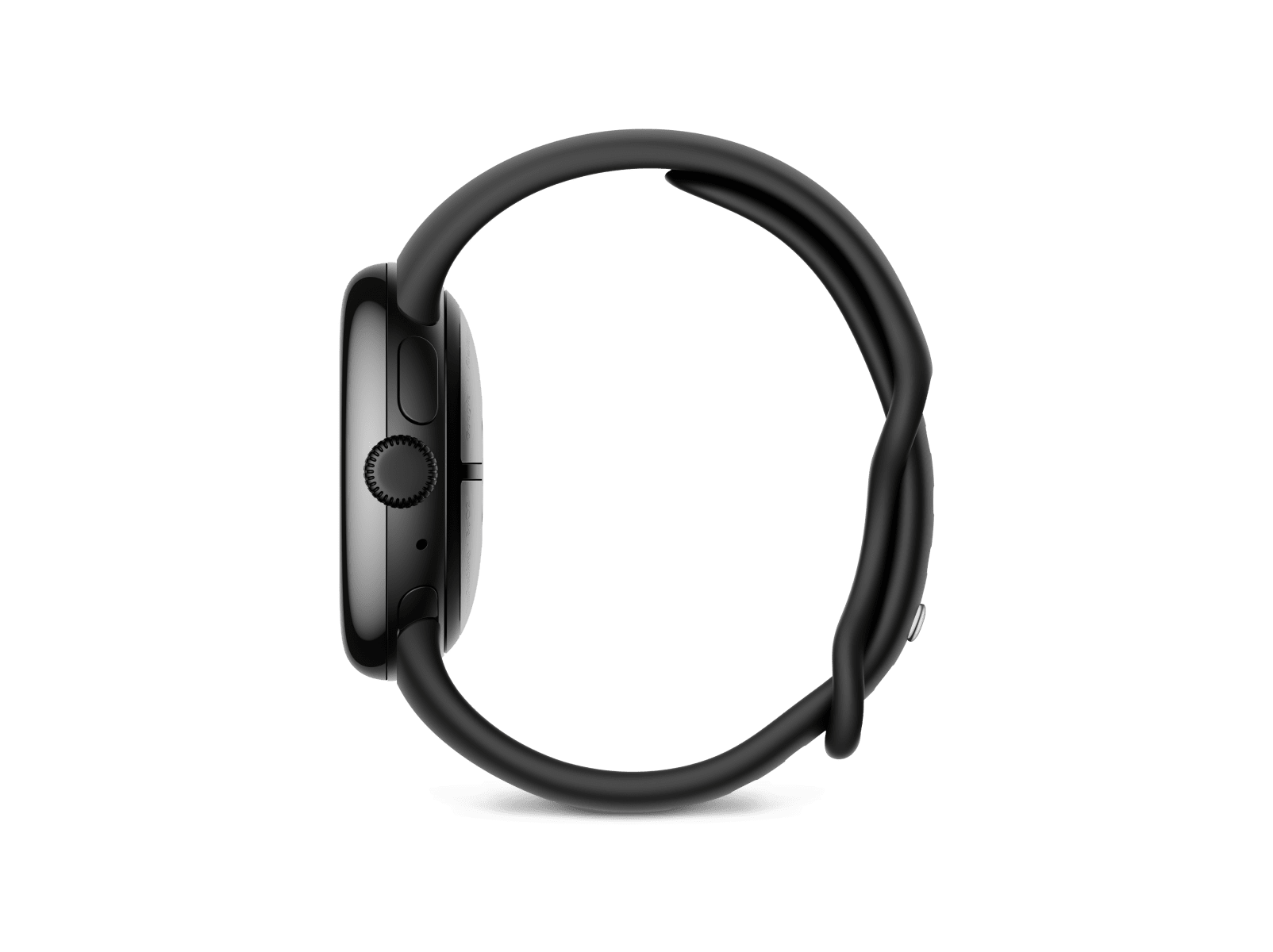 Side view of the Pixel Watch 3 41mm with Matte Black Aluminum Case / Obsidian Active Band