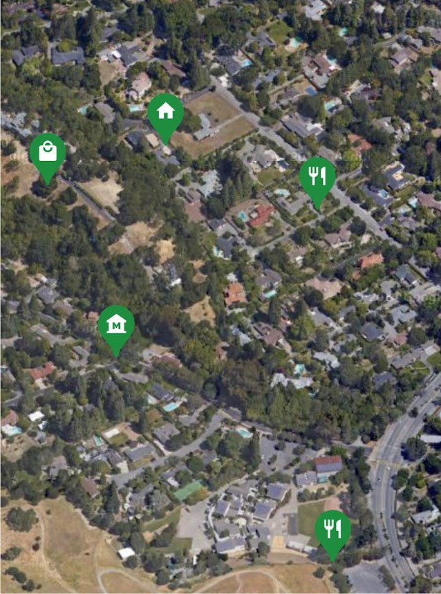 Overhead view of neighborhood with pins showing points of interest