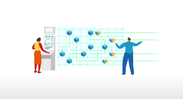 Illustrazione di due persone in piedi di fronte a un diagramma di flussi di lavoro