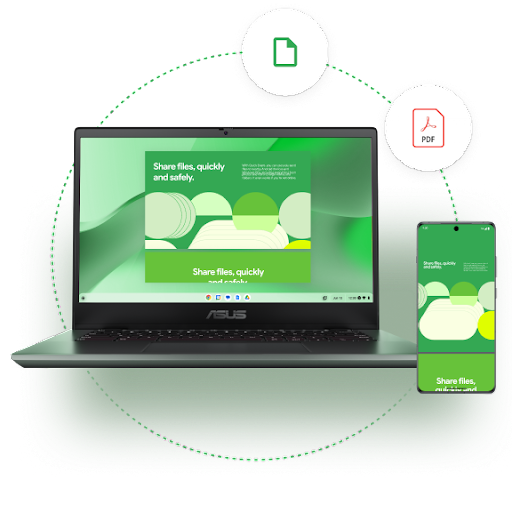 A laptop with a 'Share files, quickly and safely' screen is connected by a dotted line to a phone displaying a matching screen. Floating document icons indicate file sharing.