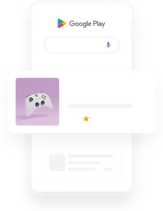 Illustrasjon av en telefon med et Google Play-s�k etter gamingapp som resulterer i en relevant appannonse.