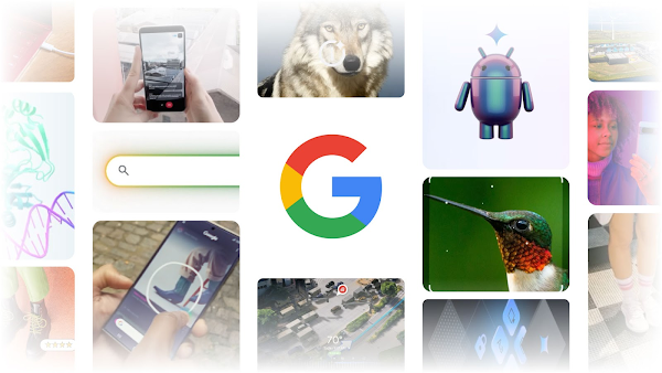 Uma grade de imagens com o logotipo do Google no centro. Isso inclui um beija-flor, um lobo sobreposto por um s�mbolo de c�rculo com diamante de IA, uma pessoa usando o recurso "Circule para pesquisar" em um smartphone, algu�m demonstrando o Project Astra em um telefone, um mascote do Android, a barra da Pesquisa Google e outras imagens.