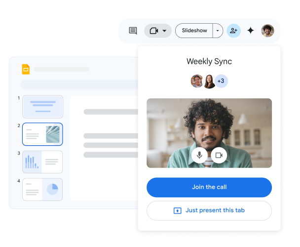 عضو بالفريق ينضم إلى مكالمة فيديو أسبوعية من داخل عرض تقديمي في "العروض التقديمية من Google". 

