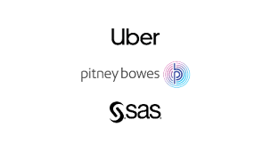 Uber-, Pitney Bowes- en SAS-logo.