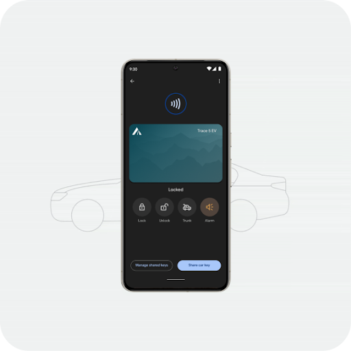 A phone is positioned above a drawing of a car. The phone animates by moving closer to the car's front door. As it does, a lock icon appears and unlocks, simultaneously with the car door.